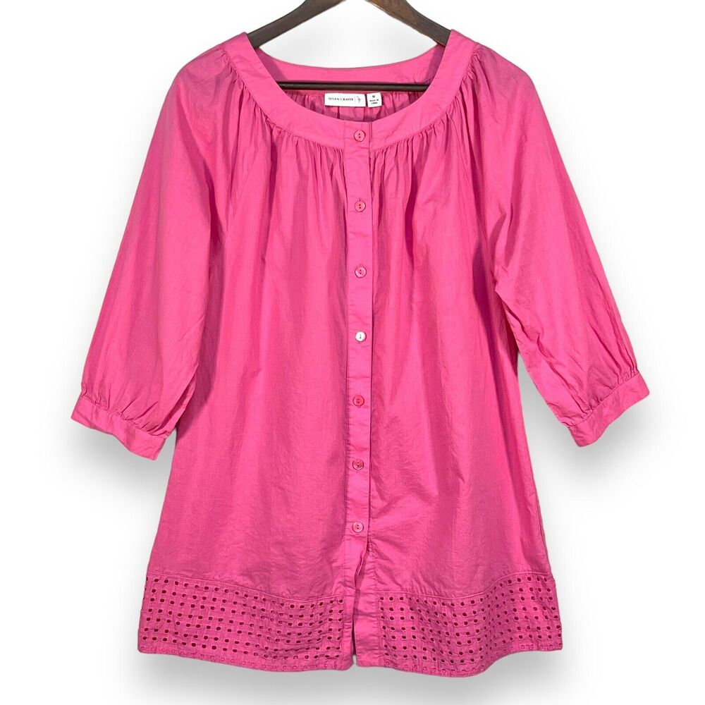 Susan Graver Tunic Blouse Women‎ Size M Pink Raglan 3/4 Sleeve Button-Front